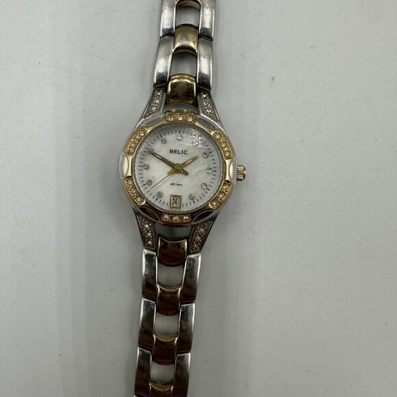 3/$30 Relic Watch Women Silver/ Gold Crystal Bezel Date Window MOP Dial 6.5" - Picture 5 of 16